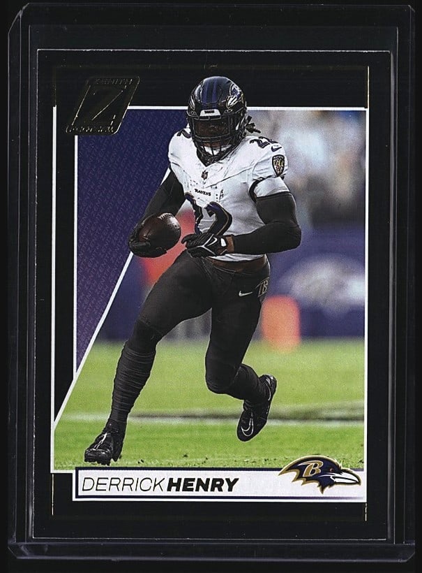 2024 Panini Zenith Derrick Henry #8 Football Card: Raw single sports card featuring Derrick Henry from the 2024 Panini Zenith set, card number 8. The card displays Henry in action in his Tennessee Titans uniform. This is an ungraded raw single in