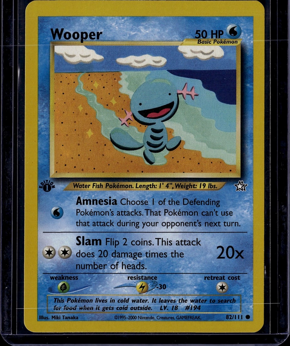 Wooper 82/111 Base Set Pokemon Card 2000 Near: This is an authentic Wooper Pokemon trading card from the Base Set, released in 2000 by Nintendo and GAMEFREAK. The card features artwork by Miki Tanaka and shows Wooper, a Water Fish Pokemon, measuri