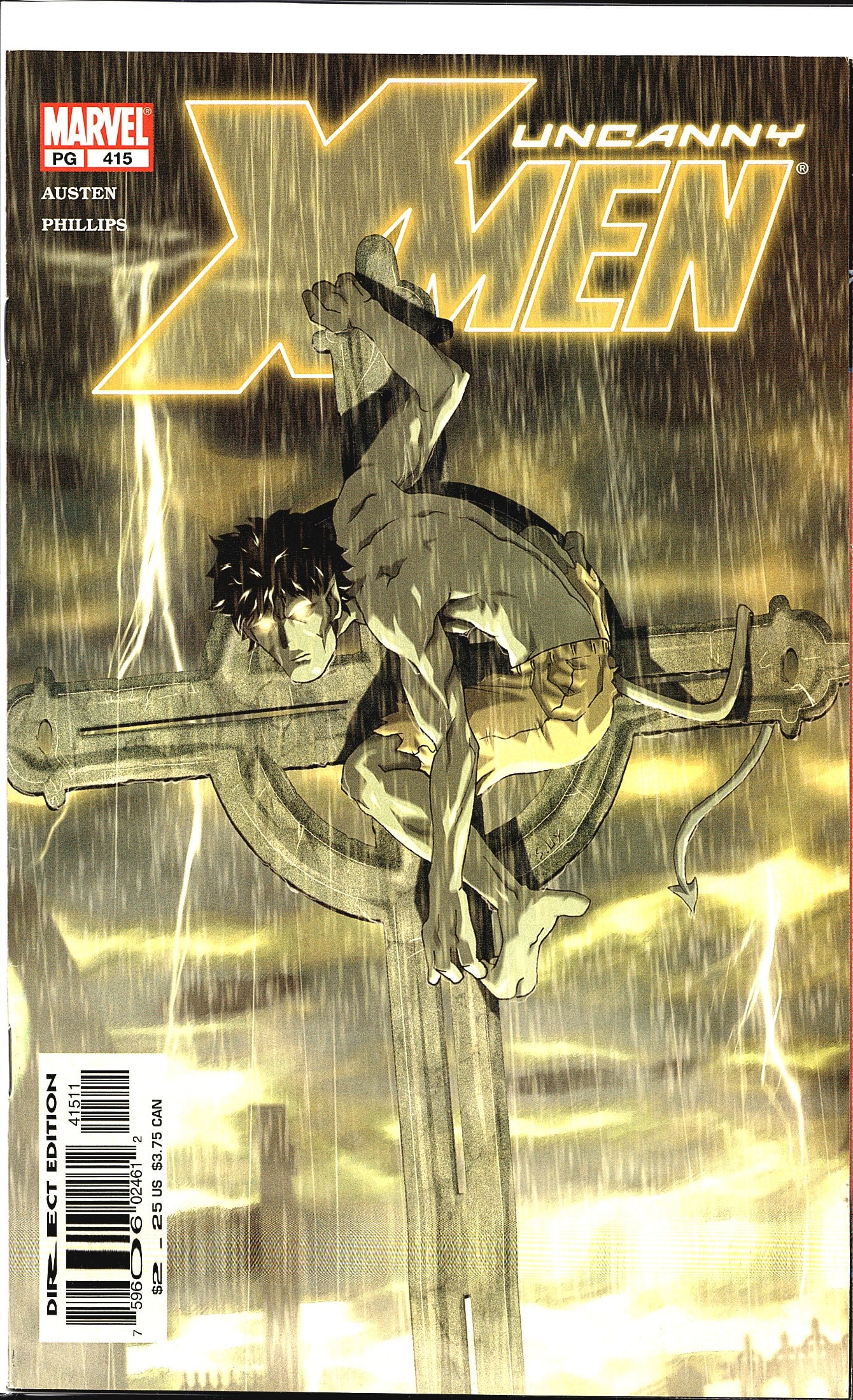 Uncanny X-Men #415 Marvel Comics 2003 Austen: Uncanny X-Men #415, published by Marvel Comics, written by Chuck Austen with art by Sean Phillips. This direct edition issue features a striking cover depicting a figure crucified on a cross-shaped