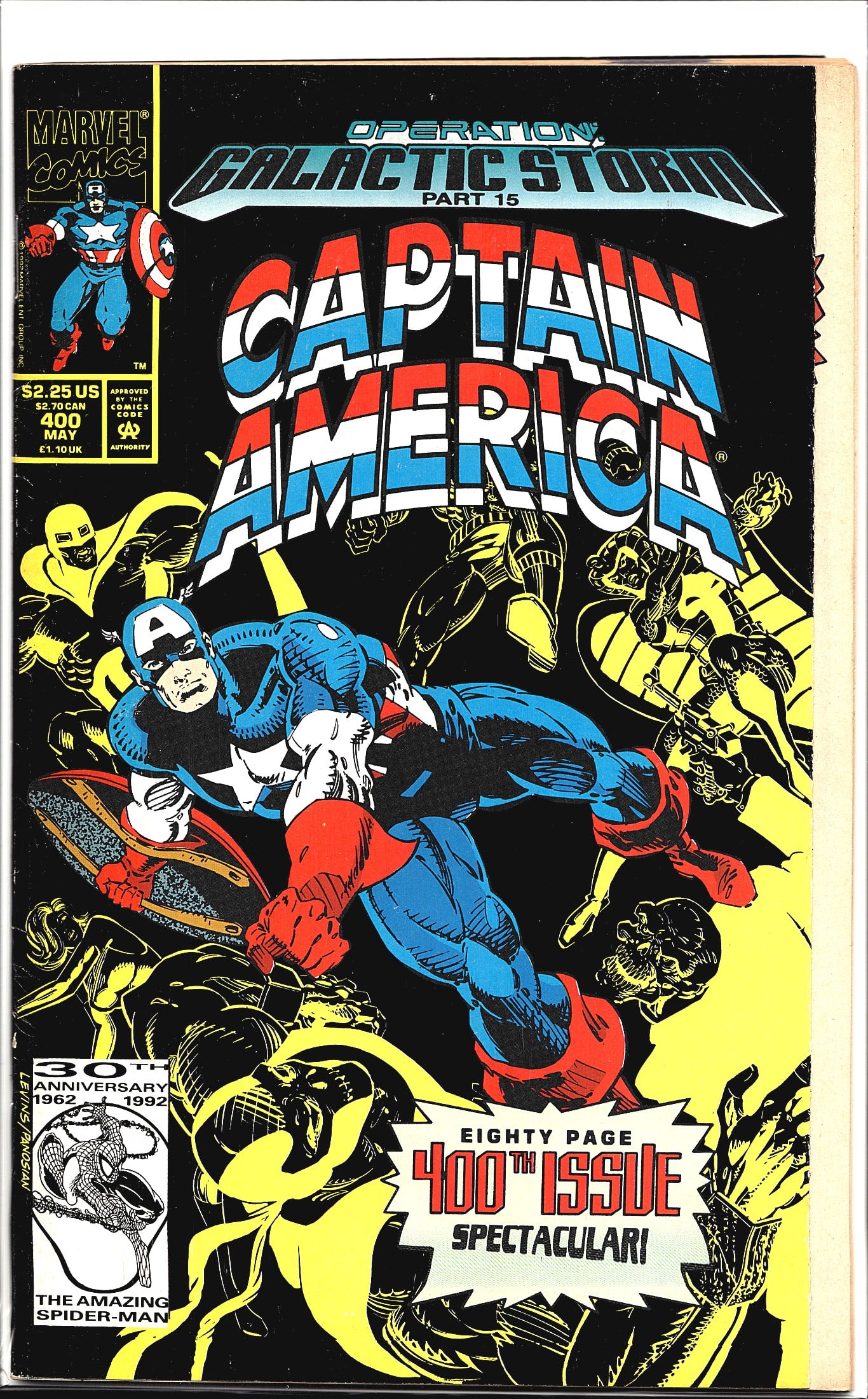 1992 Marvel Comics Captain America #400 Comic: Captain America #400 from Marvel Comics, published May 1992, is the landmark 400th issue of the series, celebrating the 30th Anniversary of The Amazing Spider-Man (1962-1992). This oversized eighty-pa