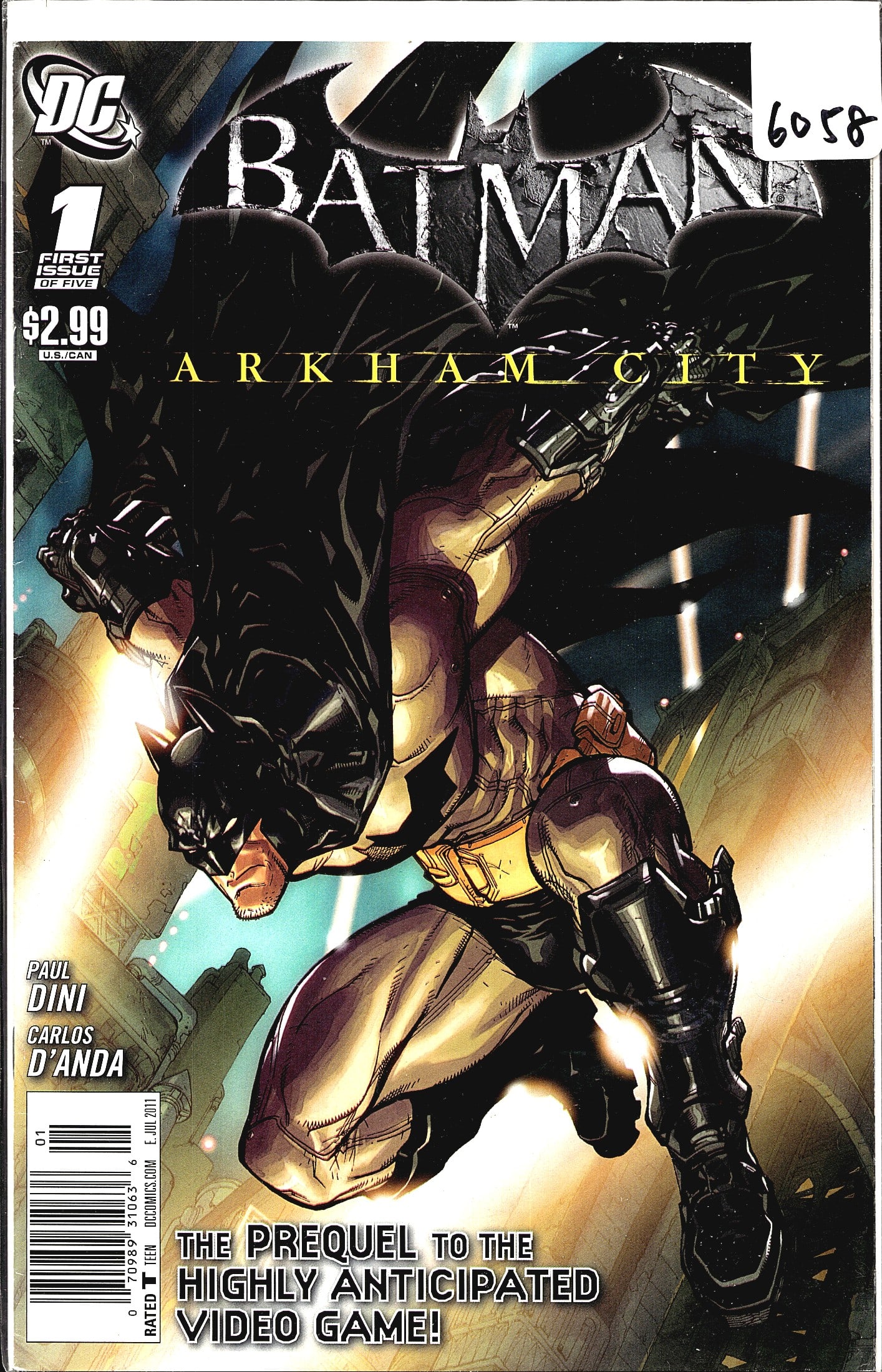 Batman Arkham City 2011 DC Comics Card #1 Comic: Batman: Arkham City #1 (DC Comics, 2011) - First issue of five in this five-part miniseries written by Paul Dini with art by Carlos D'Anda. This comic serves as the official prequel to the highly