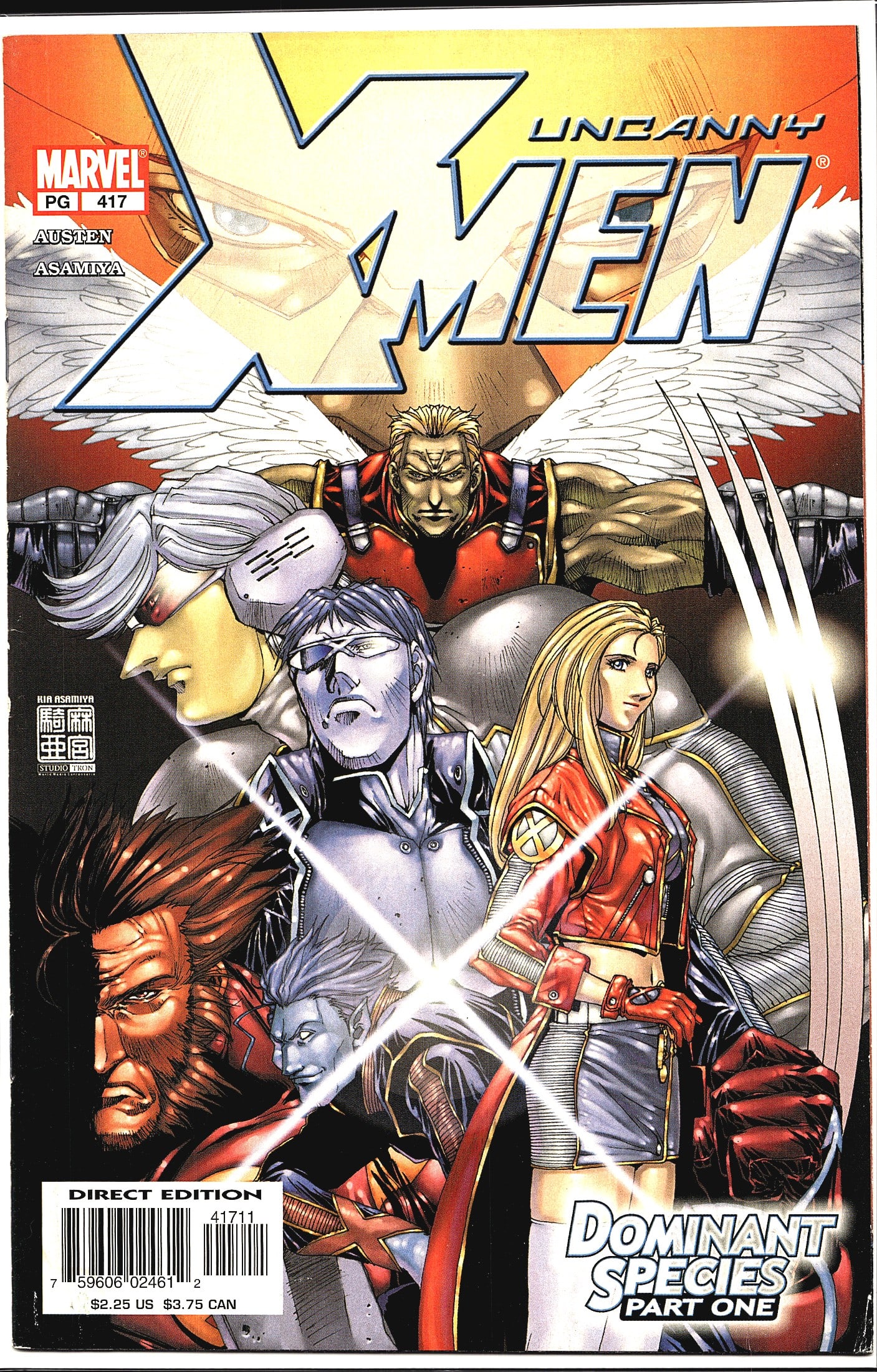 2003 Marvel The Uncanny X-Men #417 Comic Book: Uncanny X-Men #417 published by Marvel Comics, rated PG, written by Chuck Austen with art by Kia Asamiya (Studio Tron). This issue is the first part of the 'Dominant Species' story arc. The cover feat