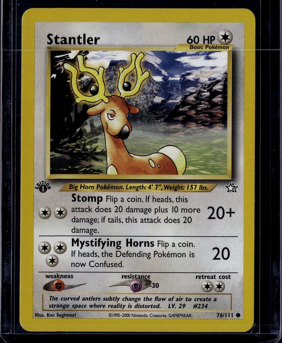 Stantler 76/111 Pokemon Base Set Card - Big Horn: This is an authentic Stantler Pokemon trading card from the Base Set, card number 76/111. Stantler is a Big Horn Pokemon with 60 HP and a single Colorless energy type. The card features two attacks: S