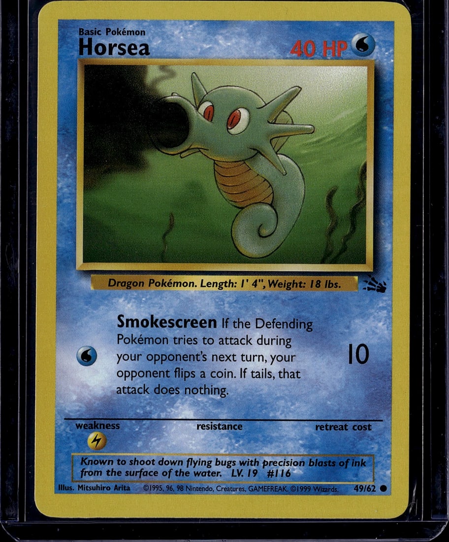 1999 Pokemon Base Set Horsea #49/62 Card: This is an authentic 1999 Pokemon Trading Card Game Base Set Horsea card (#49/62), featuring the iconic Water/Dragon-type Pokemon illustrated by Mitsuhiro Arita. The card showcases Horsea's characteri