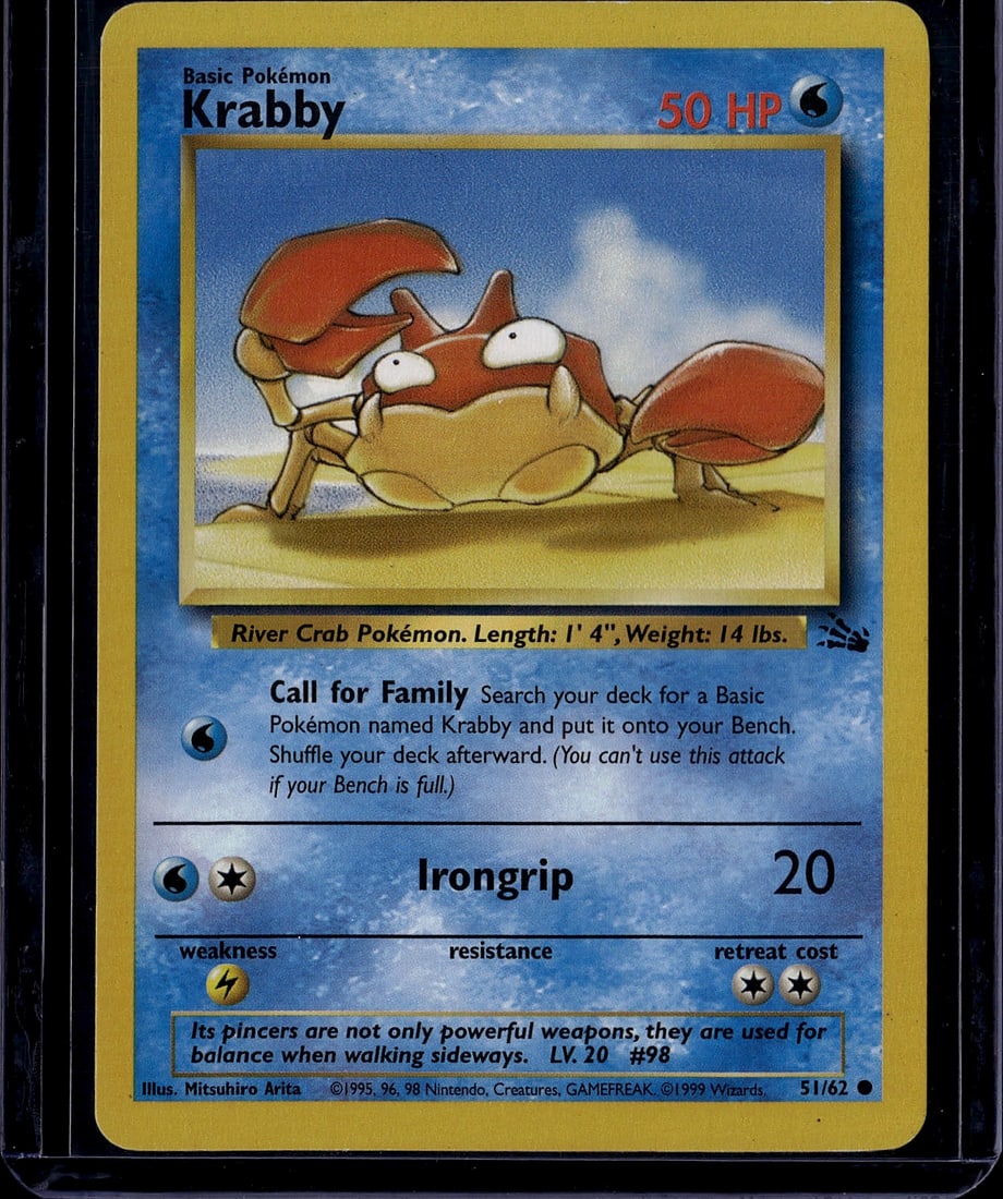 Krabby 51/62 Pokemon Base Set 1999 Wizards of: This is an original 1999 Krabby card from the iconic Pokemon Trading Card Game Base Set, produced by Wizards of the Coast. Card number 51/62, this Basic Water-type Pokemon features the classic illustr