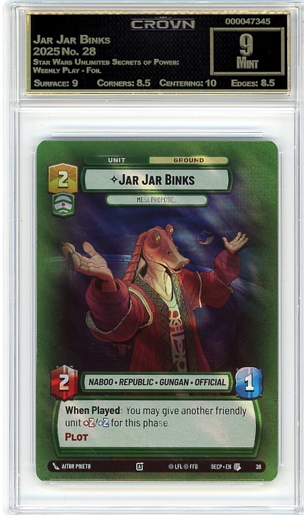 2025 Jar Jar Binks Star Wars Unlimited Secrets: Graded by Crown Grading. Grade: 9.00. Mint