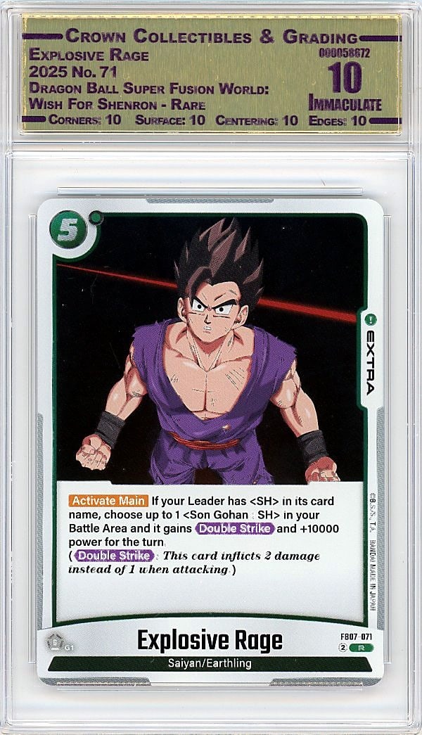 2025 Explosive Rage Dragon Ball Super Fusion: This is a 2025 Explosive Rage card from the Dragon Ball Super Fusion World: Wish For Shenron - Rare set, card number 71. A professionally graded and slabbed collectible that represents a key piece