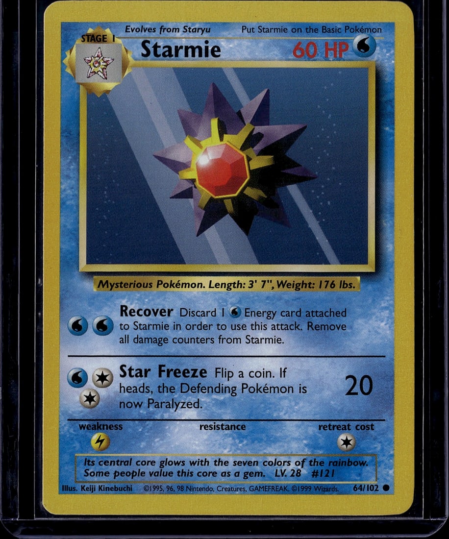 1999 Wizards of the Coast Pokemon Base Set: This is an authentic 1999 Pokemon Base Set Starmie card (#64/102), a Stage 1 Water-type Pokemon evolution card. Starmie features 60 HP and evolves from Staryu. The card displays the classic artwork