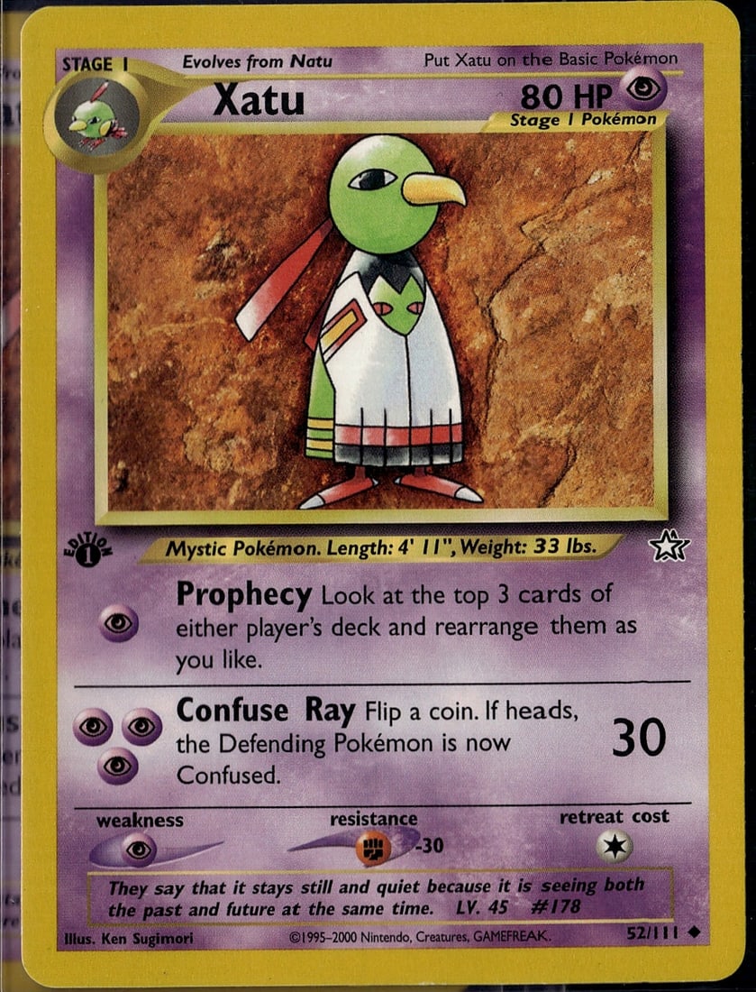 Xatu 52/111 Neo Genesis Stage 1 Pokemon Card Raw: This is a raw Xatu Stage 1 Pokemon card from the Neo Genesis set (Card #52/111), released in 2000. The card features the mystical bird Pokemon with artwork by Ken Sugimori and displays classic Neo