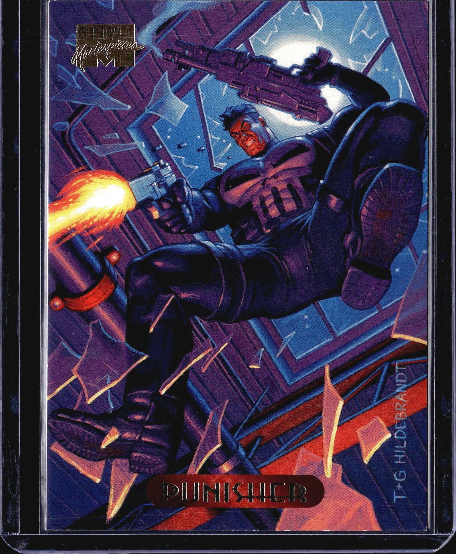 1994 Fleer Marvel Masterpieces Punisher #94: This is a 1994 Fleer Marvel Masterpieces trading card featuring the Punisher (Frank Castle), illustrated by Greg and Tim Hildebrandt. The front depicts the Punisher mid-action, firing a handgun with a