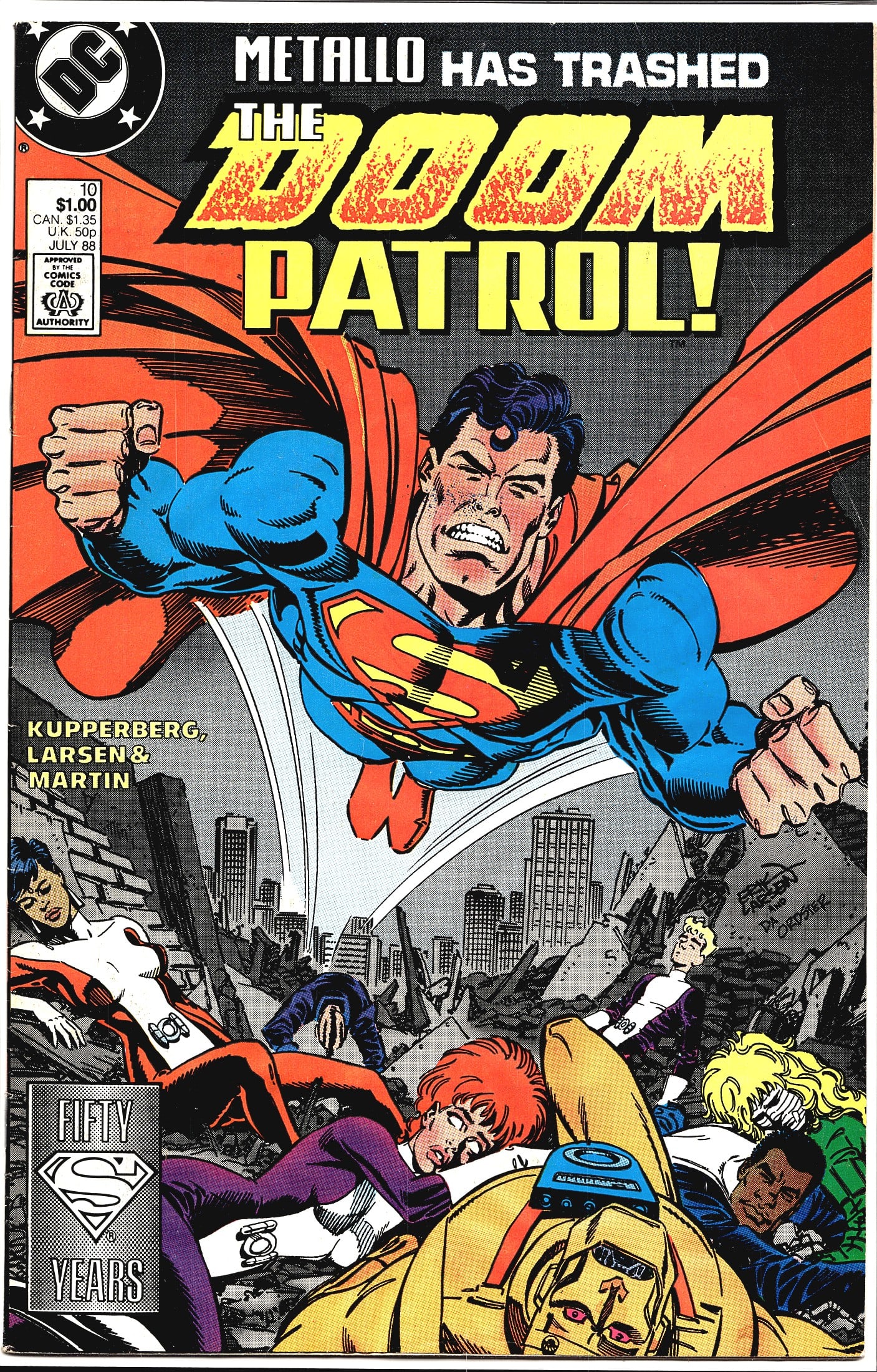 Doom Patrol #10 DC Comics 1988 Superman vs: Doom Patrol #10, published by DC Comics, dated July 1988, priced at $1.00 (CAN $1.35 / U.K. 50p). This issue features a dramatic cover depicting Superman flying into action over a devastated