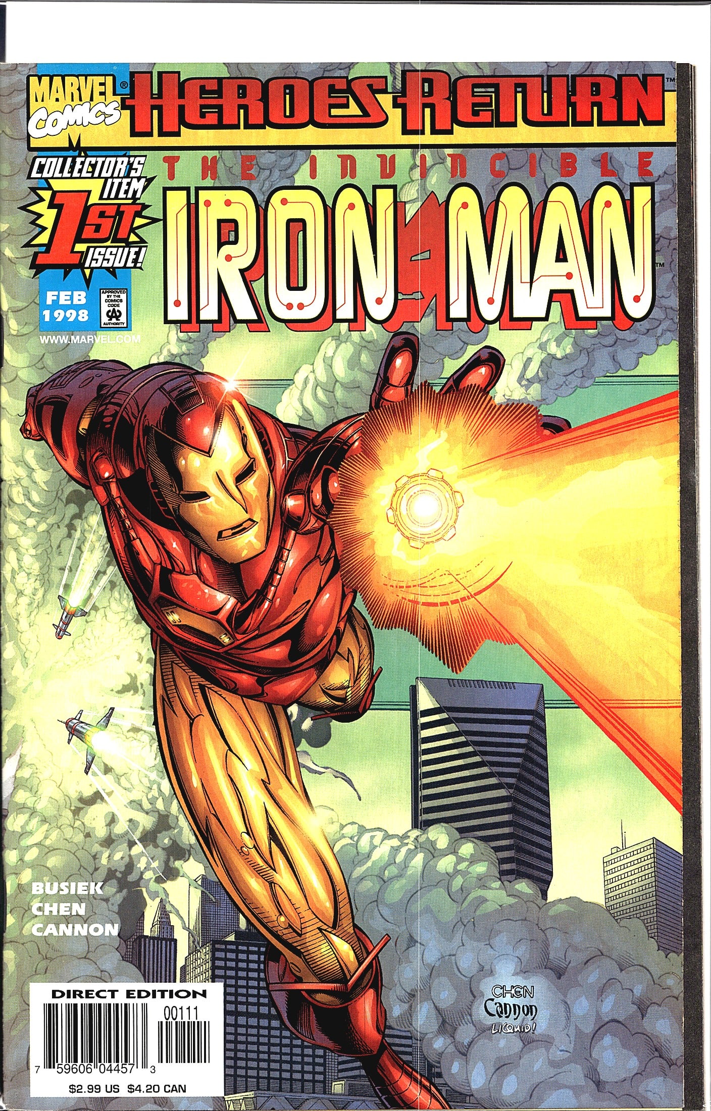 1998 Marvel Heroes Return Iron Man #1 1st Issue: This is the February 1998 first issue of The Invincible Iron Man, published by Marvel Comics as part of the Heroes Return initiative. The cover features Iron Man flying dynamically while firing a