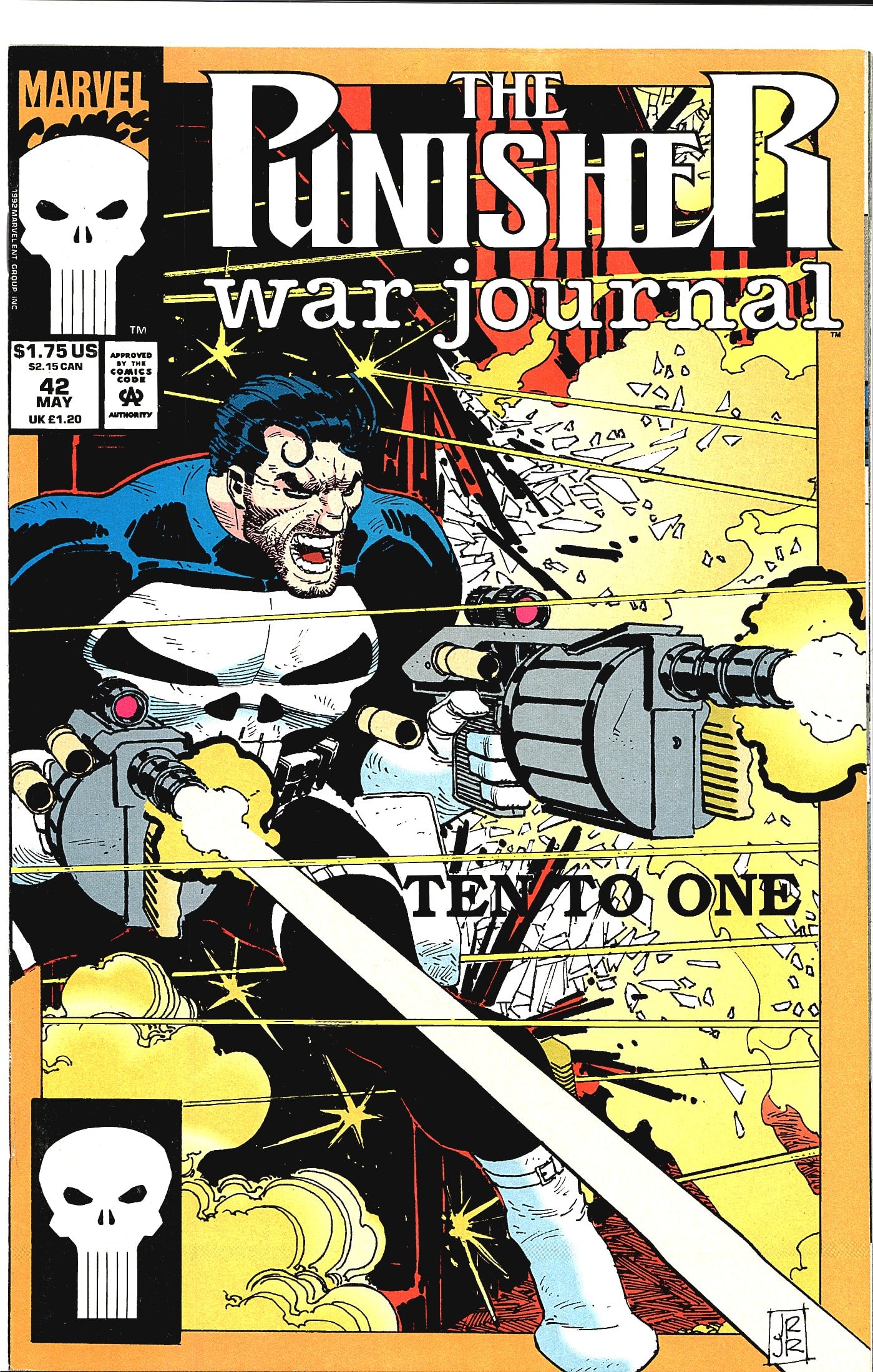 1992 Marvel The Punisher War Journal #42 Comic: This is issue #42 of The Punisher War Journal, published by Marvel Comics in May 1992, titled 'Ten to One.' The cover features the Punisher wielding a large minigun-style weapon, bursting through