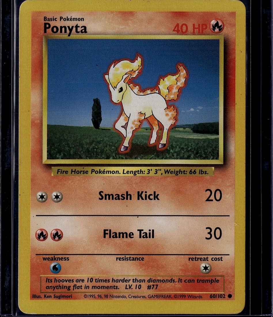 Ponyta 60/102 Base Set Pokemon Card 1999 Fire: This is an authentic Ponyta Pokemon Trading Card from the legendary Base Set, released in 1999 by The Pokemon Company and Wizards of the Coast. Card #60/102 features the iconic Fire Horse Pokemon with