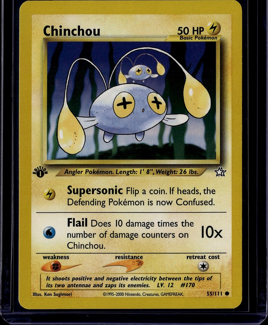 2000 Pokemon Neo Genesis Chinchou 55/111: This is an authentic Chinchou Pokemon Trading Card from the Base Set era, released in 2000. The card features the electric-type angler Pokemon with its distinctive yellow antennae and glowing lure. Ca