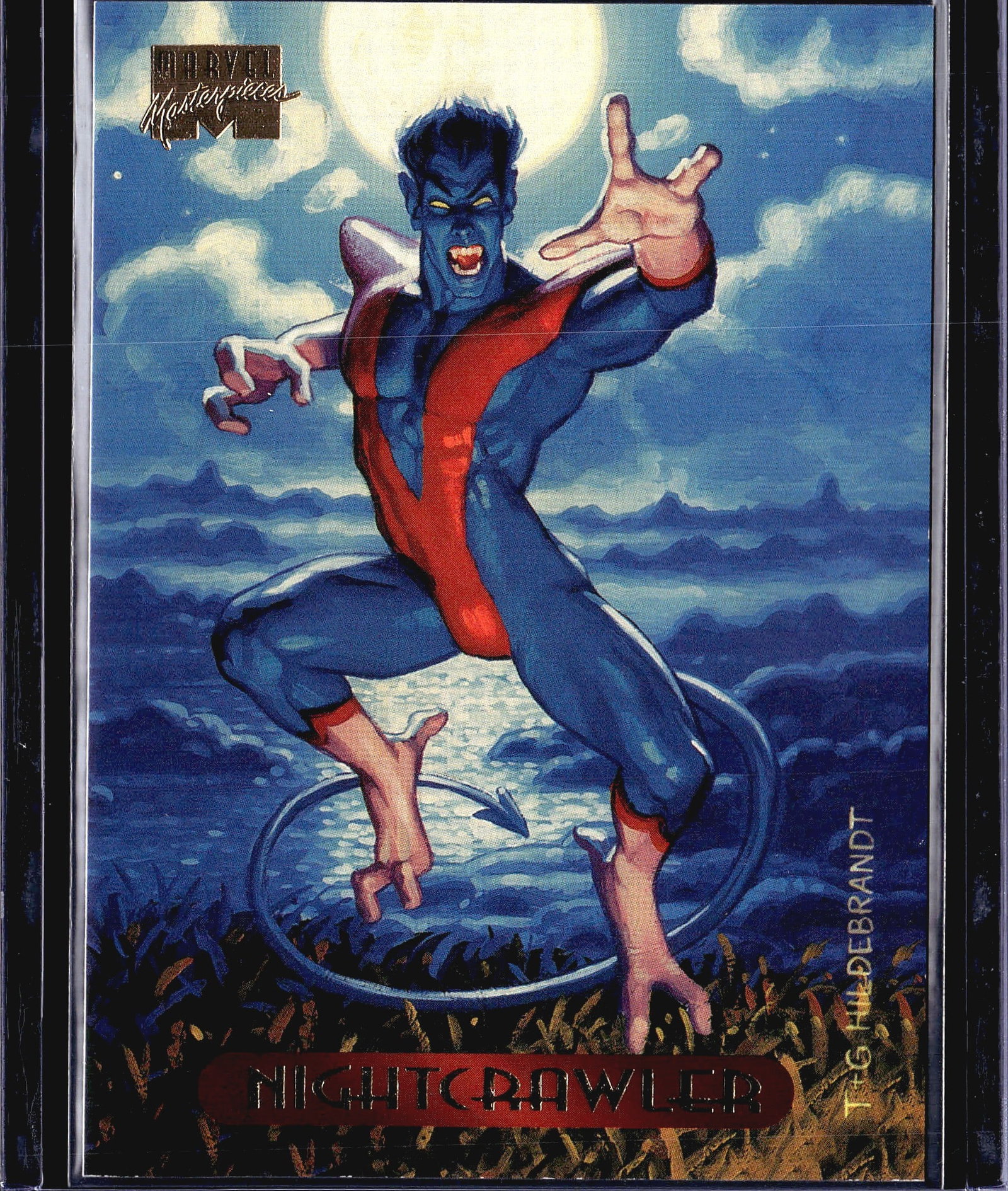 1994 Fleer Marvel Masterpieces Nightcrawler #84: This is card #84 from the 1994 Fleer Marvel Masterpieces trading card set, featuring Nightcrawler, the fan-favorite X-Men mutant known for his teleportation ability. The front showcases stunning paint