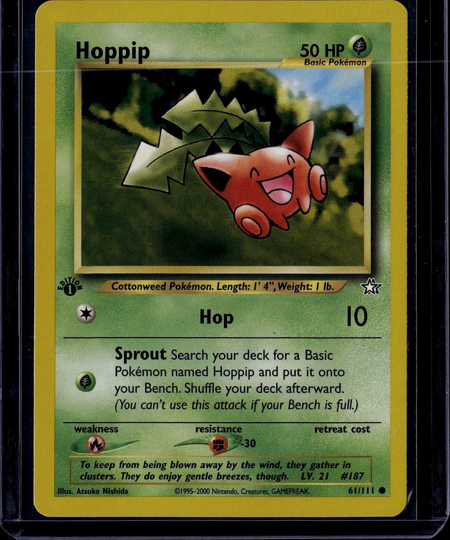 Hoppip 61/111 Base Set Pokemon Card 2000 Near: This is an authentic Hoppip Pokemon Trading Card from the Base Set, released in 2000 by The Pokemon Company. Card number 61/111, this Basic Grass-type Pokemon features the iconic artwork by Atsuko