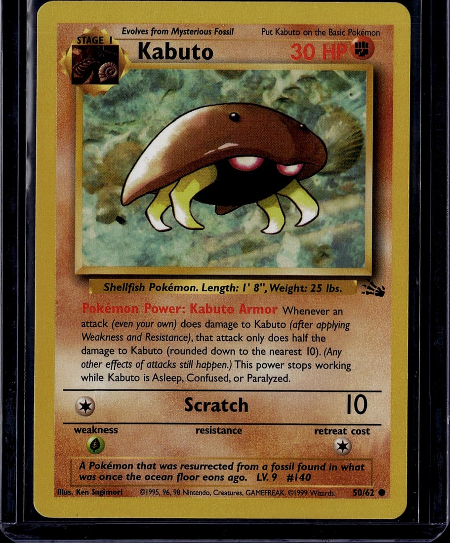 1999 Pokemon Base Set Kabuto Card #50/62 - Stage: This is an authentic 1999 Pokemon Trading Card Game Base Set Kabuto card, card number 50/62. Kabuto is a Stage 1 Shellfish Pokemon that evolves from Mysterious Fossil, featuring the iconic Ken