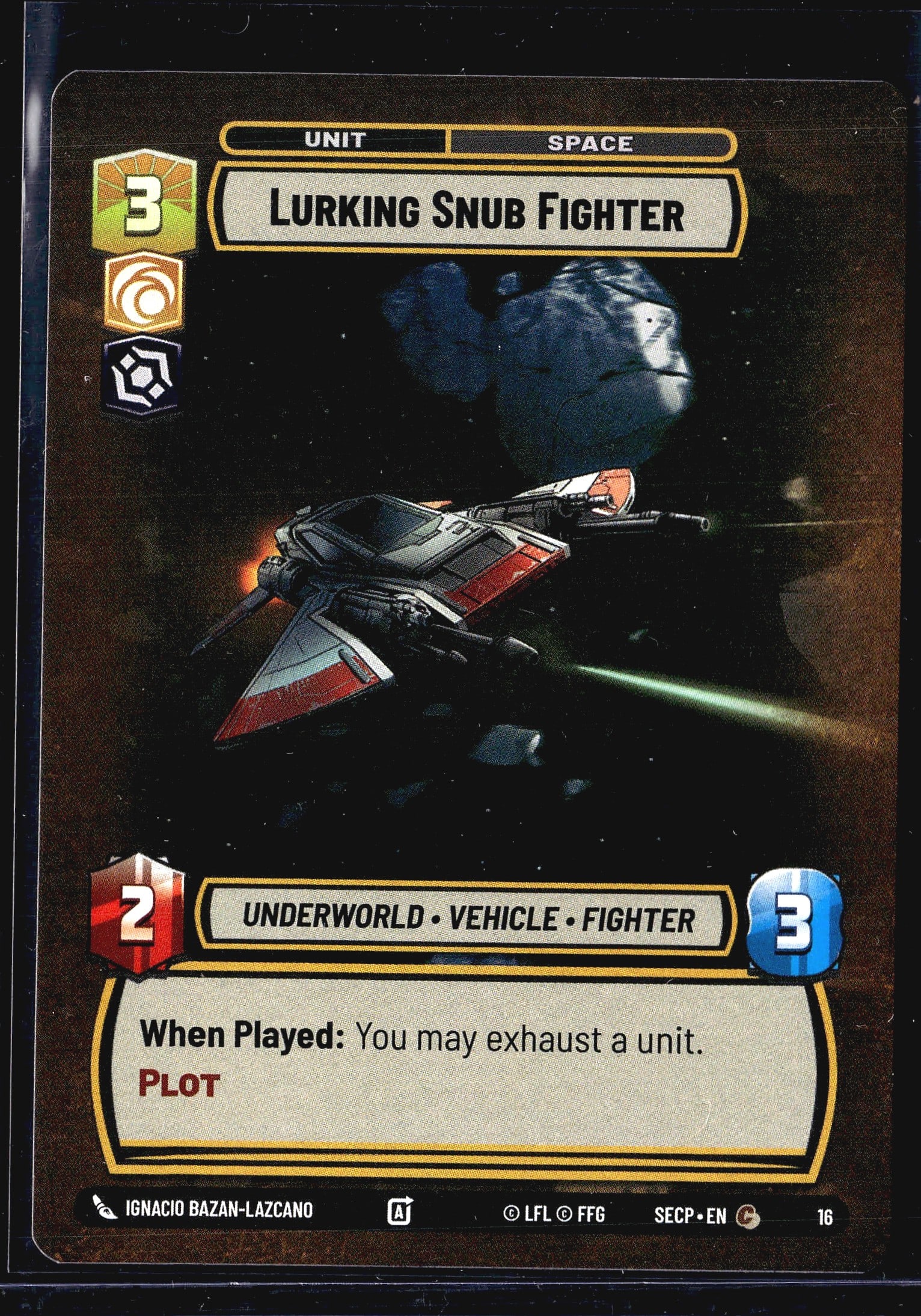 Star Wars Unlimited Lurking Snub Fighter #16: This listing is for the Lurking Snub Fighter (card #16) from the Star Wars Unlimited trading card game, published by Fantasy Flight Games. The card is categorized as a Unit - Space type belonging to