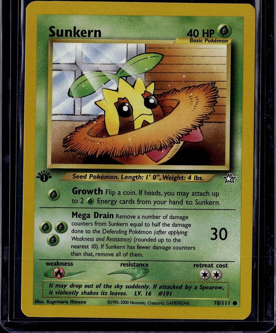 2000 Pokemon Neo Genesis Sunkern Card #78: This is an authentic Sunkern Pokemon Trading Card from the Base Set, produced by Nintendo and Creatures in 2000. Card number 78/111, this Basic Grass-type Pokemon features the classic artwork by