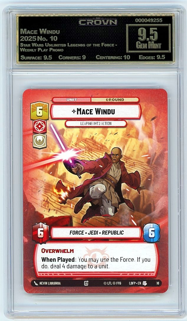 2025 Mace Windu Star Wars Unlimited Legends of: This 2025 Mace Windu Star Wars Unlimited Legends of the Force Weekly Play Promo card is graded Crown Grade 9.50, representing one of the finest examples available of this sought-after promotional