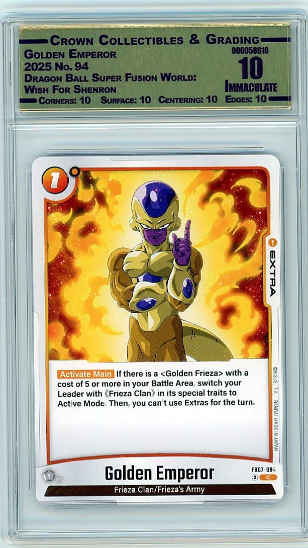 2025 Golden Emperor Dragon Ball Super Fusion: This is a 2025 Golden Emperor card from the Dragon Ball Super Fusion World: Wish For Shenron set, card number 94. It represents a key pull from this premium Dragon Ball trading card release and