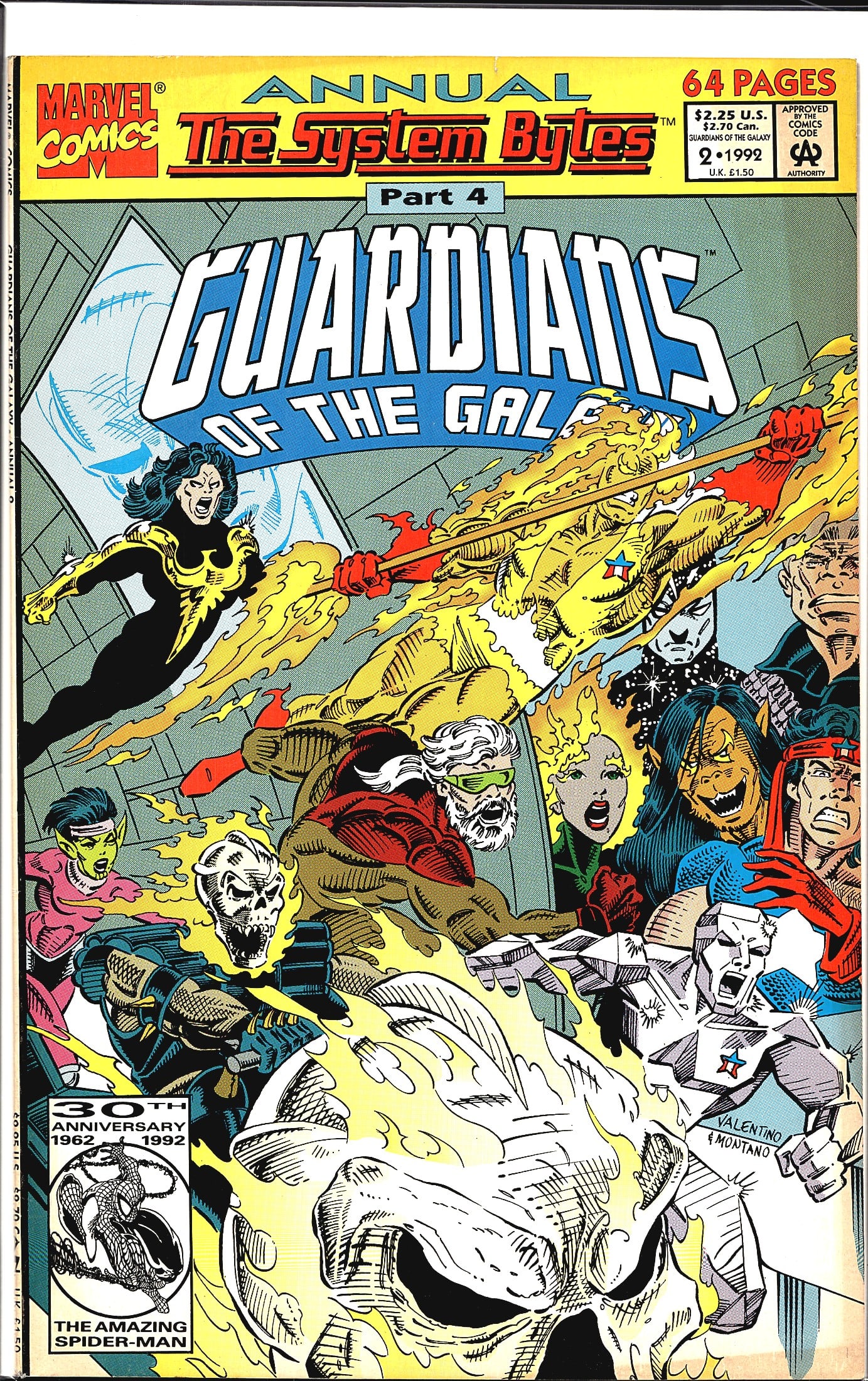 1992 Marvel Comics Guardians of the Galaxy: This is Marvel Comics' Guardians of the Galaxy Annual #2 from 1992, part of the crossover event 'The System Bytes' (Part 4). The issue is 64 pages and priced at $2.25 U.S./$2.70 Canadian. The cover