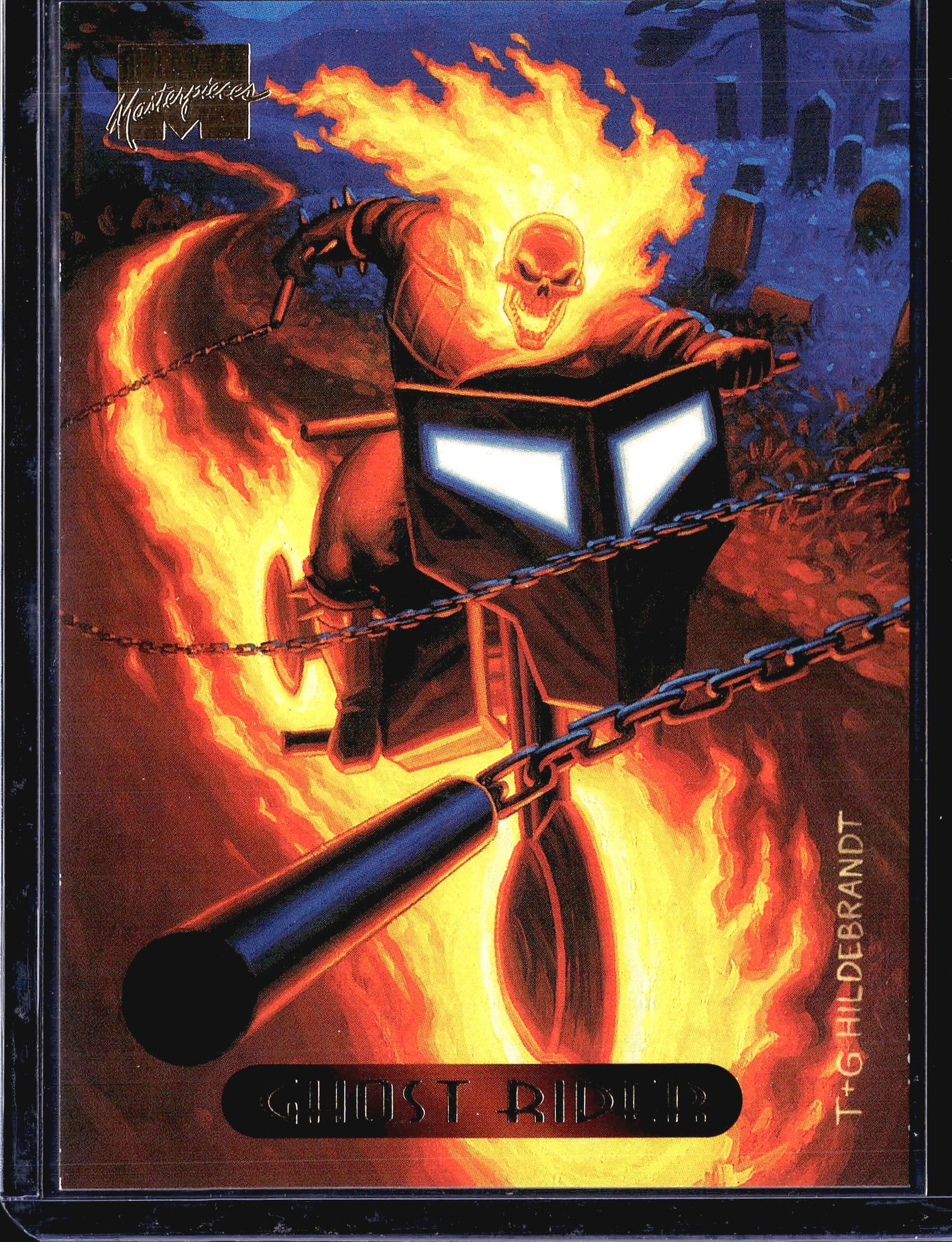 1994 Fleer Marvel Masterpieces Ghost Rider #42: This is card #42 from the 1994 Fleer Marvel Masterpieces trading card set, featuring Ghost Rider. The front artwork was painted by the renowned Hildebrandt brothers (Greg & Tim Hildebrandt), depicting