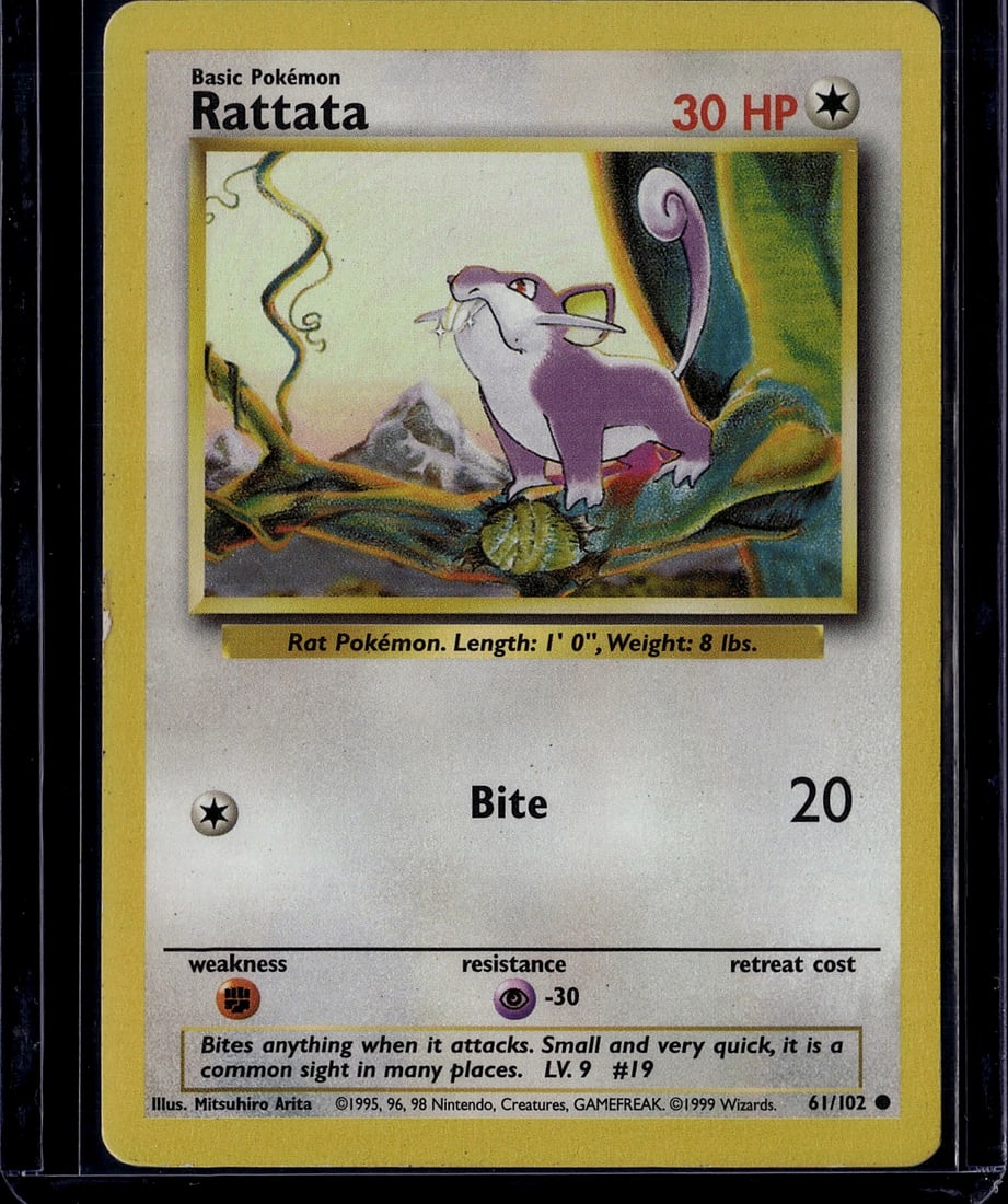 1999 Pokemon Base Set Rattata 61/102 Card Very: This is an original 1995 Rattata Pokemon Trading Card from the iconic Base Set (card #61/102). Published by The Pokemon Company and illustrated by Mitsuhiro Arita, this Basic Pokemon card features