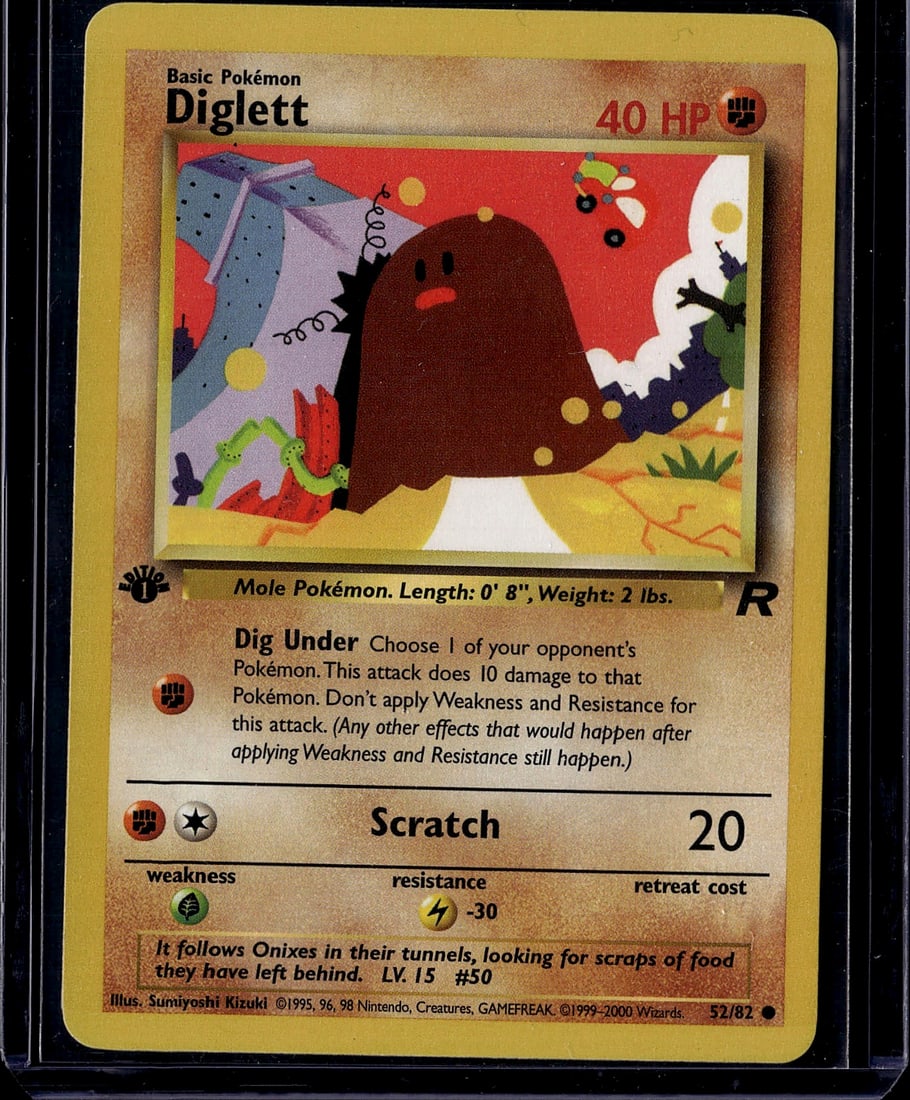 1999 Pokemon Base Set Diglett 47/102 Very Good: Diglett is a Common Basic Pokemon card from the 1999 Pokemon TCG Base Set, numbered 47/102. It is a Ground-type card illustrated by Keiji Kinebuchi, featuring 30 HP. The Base Set was the first