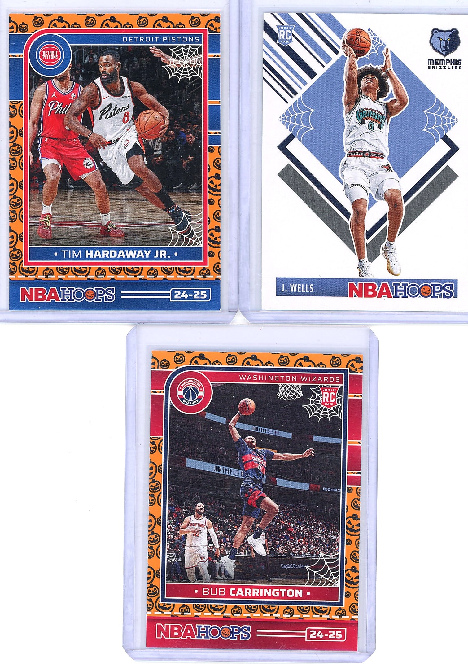 2024-25 Panini Haunted Hoops Basketball Cards: This lot contains three 2024 Panini Haunted Hoops basketball cards featuring NBA players Tim Hardaway Jr. (Detroit Pistons, #68), Jaylen Wells (Memphis Grizzlies, #298), and Bub Carrington