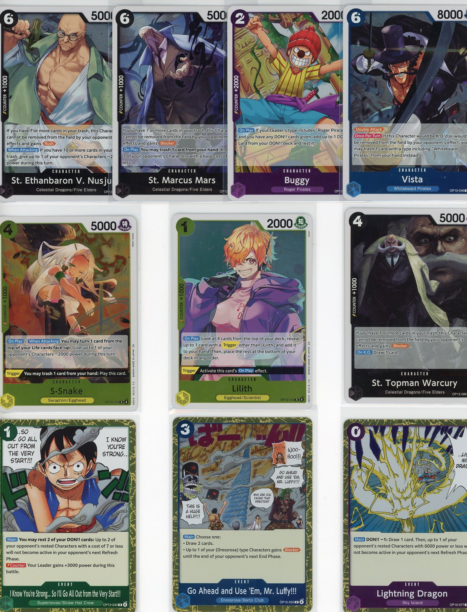 Lot of 10 One Piece Foil Cards - Bandai TCG: This lot contains 10 One Piece Foil Cards from the Bandai Trading Card Game, featuring a diverse mix of characters and event cards from the popular anime series. The collection includes high-value