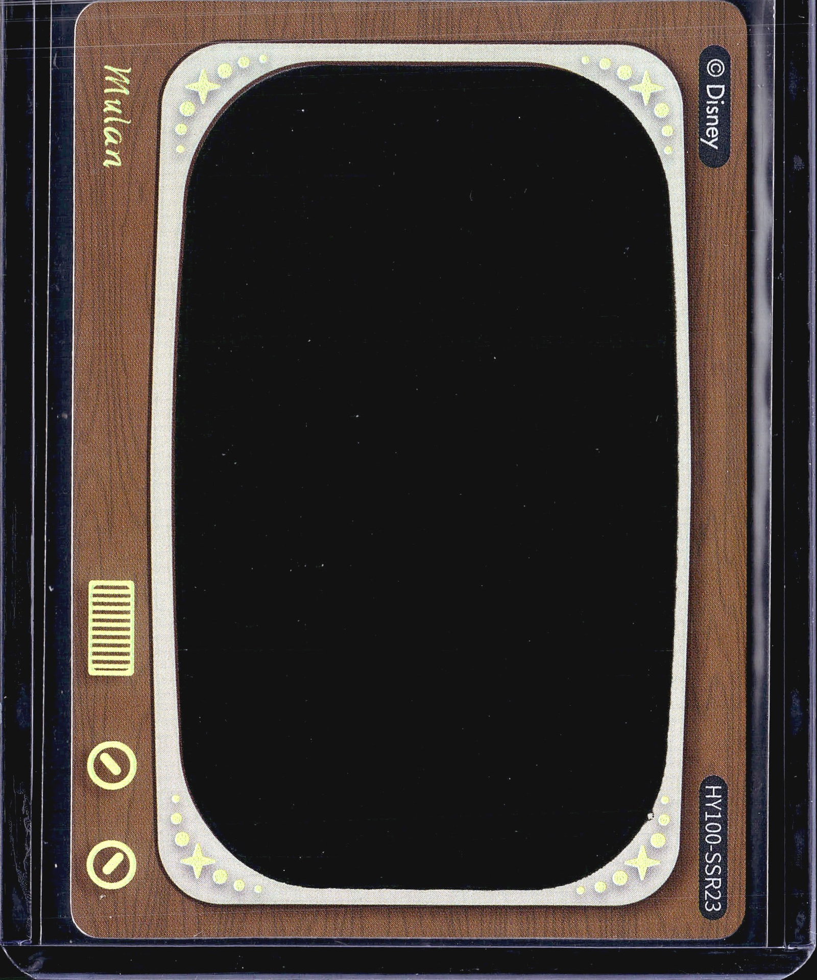 Disney 100 Card Fun Heat Activated Movie Scenes: This is a Disney 100 Heat Activated Movie Scenes card produced by Card Fun, featuring Mulan with card number HY100-SSR23. The card showcases a retro television-style frame design in a wood-grain