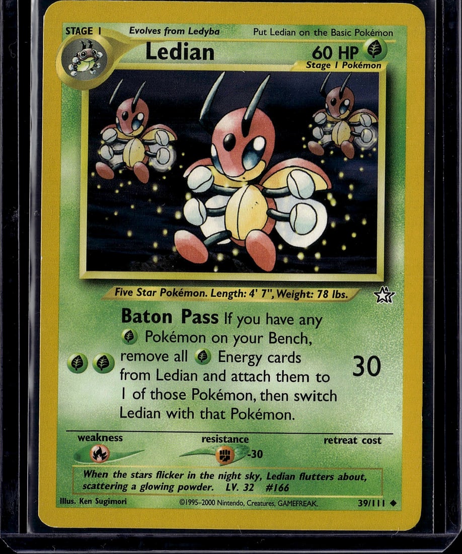 Ledian 39/111 Neo Genesis Pokemon Single Card: This is a raw Ledian Stage 1 Pokemon single from the Neo Genesis set (card #39/111), released in 2000 by Nintendo/The Pokemon Company. The card features the iconic Ken Sugimori illustration of
