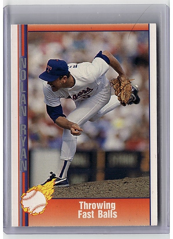 1991 Pacific Throwing Fast Balls Nolan Ryan #21: Raw single in Near Mint condition. Classic vintage baseball card with dynamic action photography. Orange border design suggests 1980s-1990s era release. Sharp corners and clean edges indicate careful