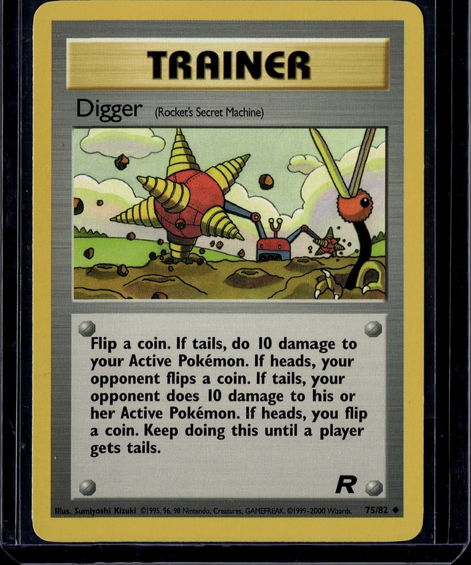 Digger Rocket's Secret Machine Gym Heroes 75/82: This is an ungraded Digger Trainer card from the Gym Heroes set, card #75/82. Digger, also known as Rocket's Secret Machine, is a unique Trainer card that features an interactive coin-flip mechanic. T