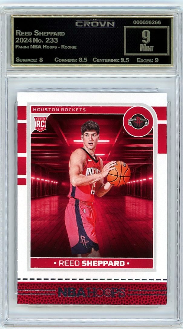2024 Reed Sheppard Panini NBA Hoops Rookie #233: This is a 2024 Reed Sheppard rookie card from the Panini NBA Hoops set, card number 233. It represents Sheppard's official entry into the trading card market during his first year as an NBA player,