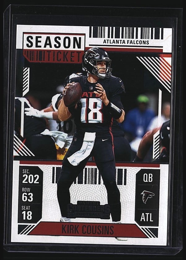 2024 Panini Contenders Kirk Cousins #4 Atlanta: 2024 Panini Contenders Football Kirk Cousins #4 raw single card featuring the Atlanta Falcons quarterback. Card shows Cousins in Falcons uniform with jersey number 18. Front displays season ticket
