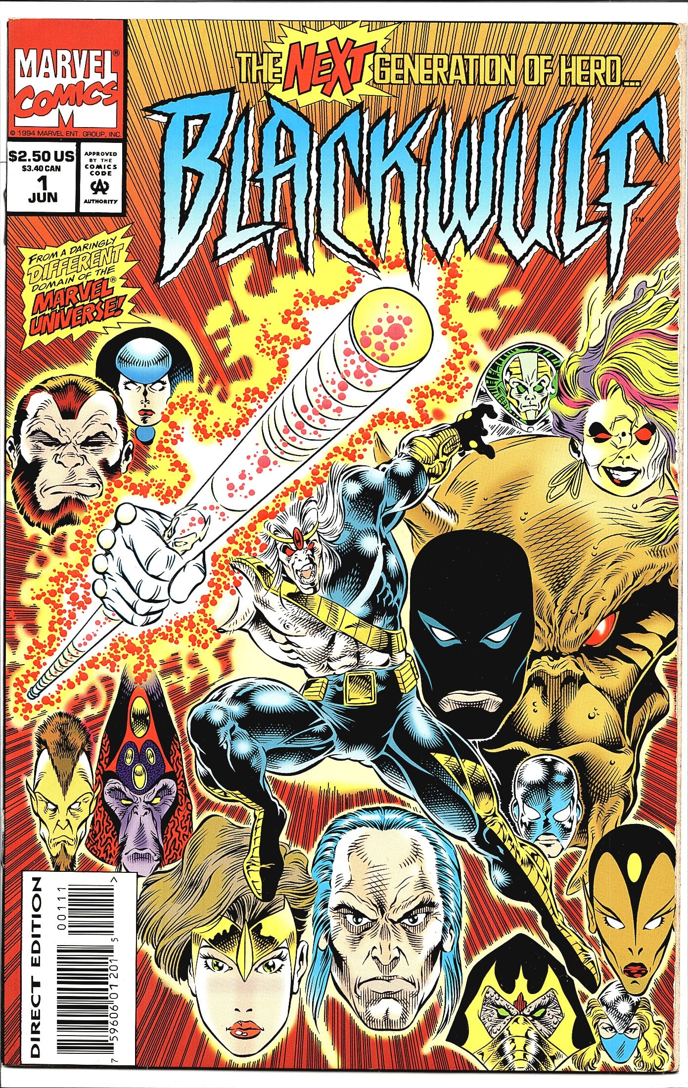1994 Marvel Comics Blackwulf #1 First Issue: Blackwulf #1 published by Marvel Comics in June 1994, priced at $2.50 US / $3.40 CAN. This is the Direct Edition of the debut issue of the Blackwulf series, billed as 'The Next Generation of Hero...'