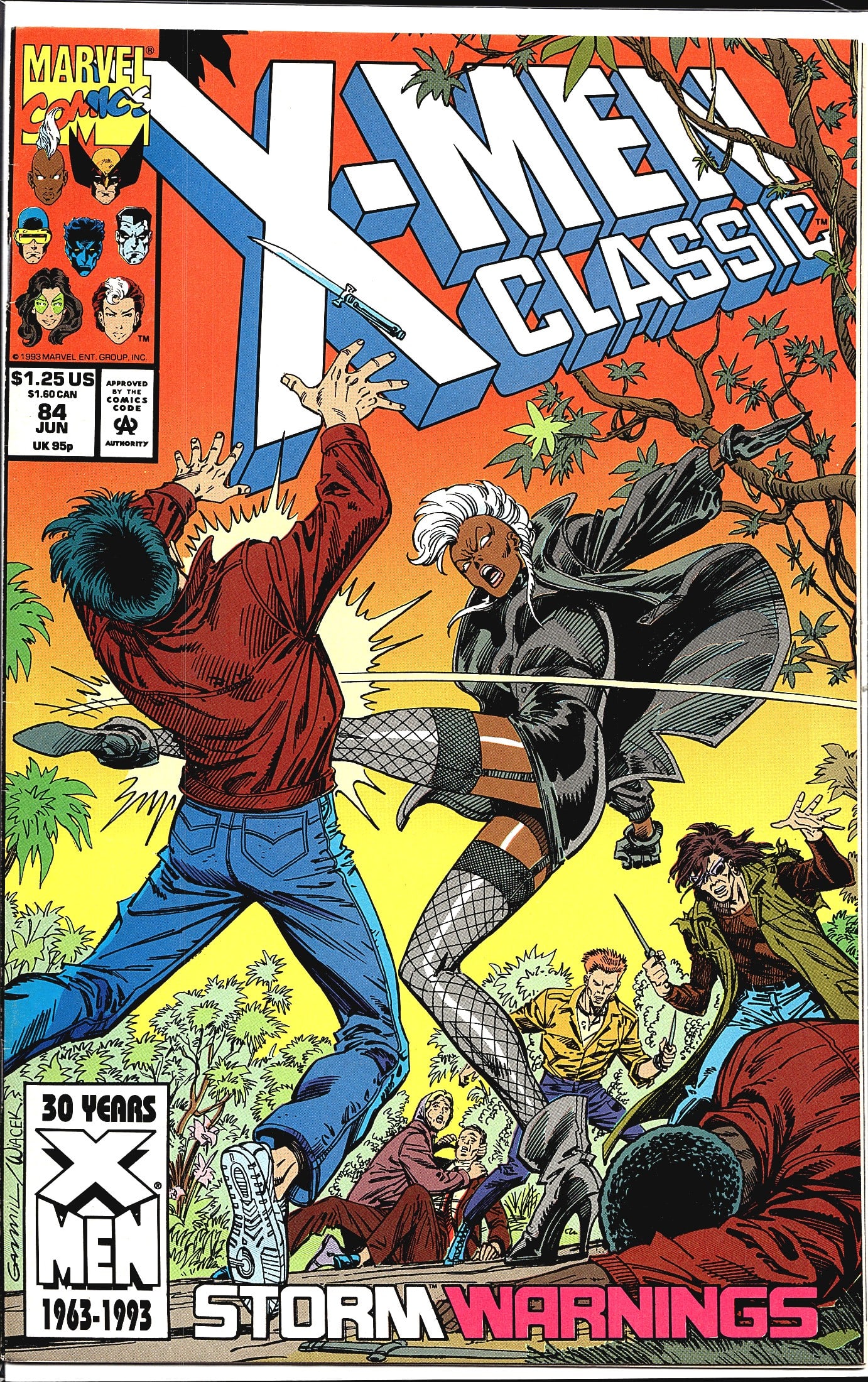 1993 Marvel X-Men Classic #84 Comic Card: This is issue #84 of X-Men Classic, published by Marvel Comics in June 1993, priced at $1.25 US / $1.60 CAN / 95p UK. The cover, illustrated by Garmill and Wacek, features Storm in a dramatic action