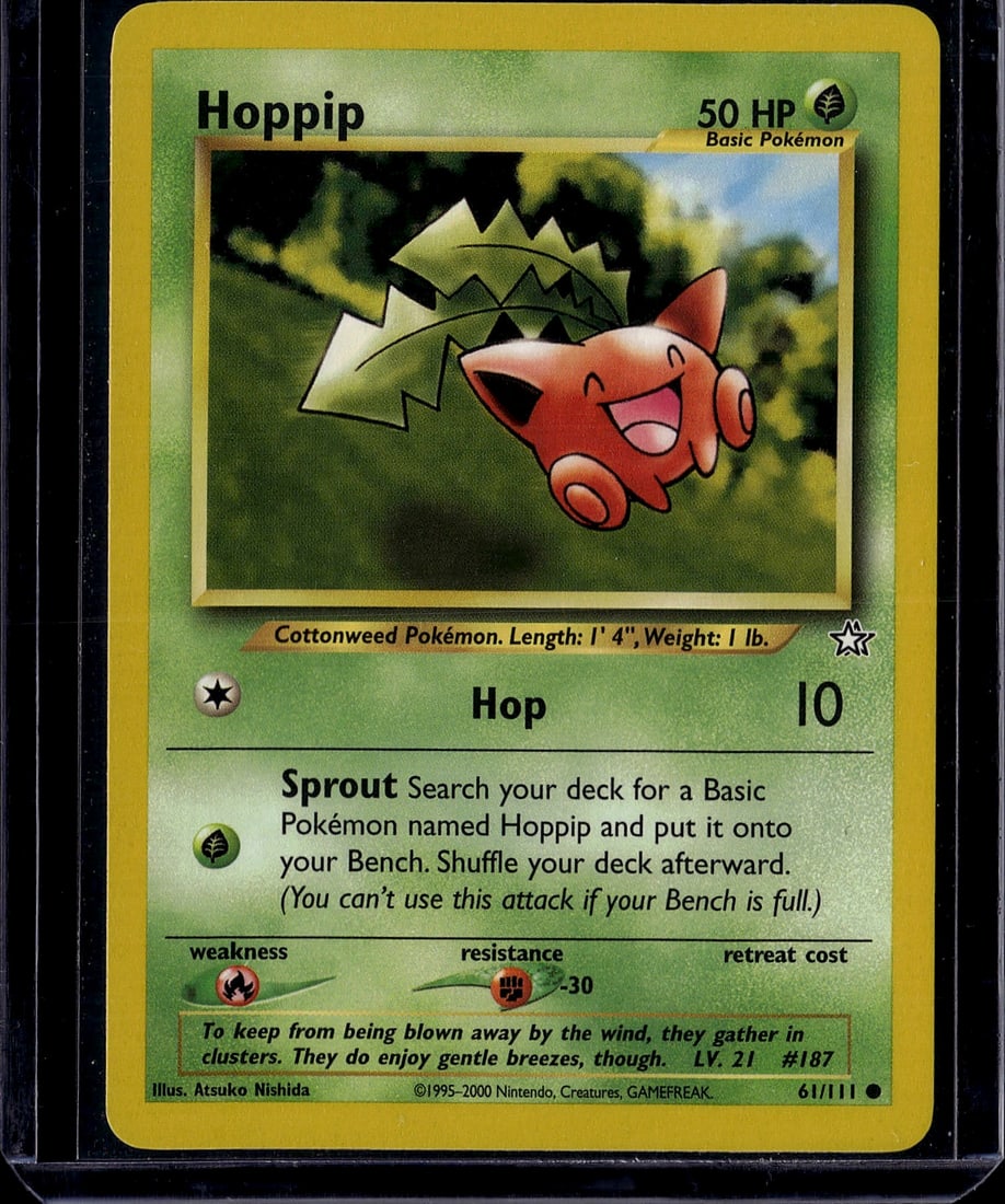 Hoppip Neo Genesis 61/111 Pokemon Card - Vintage: This is a vintage Hoppip Pokemon card from the Neo Genesis set, released in 2000. Card number 61/111, this Basic Grass-type Pokemon features the classic early-2000s artwork by Atsuko Nishida. Hoppip