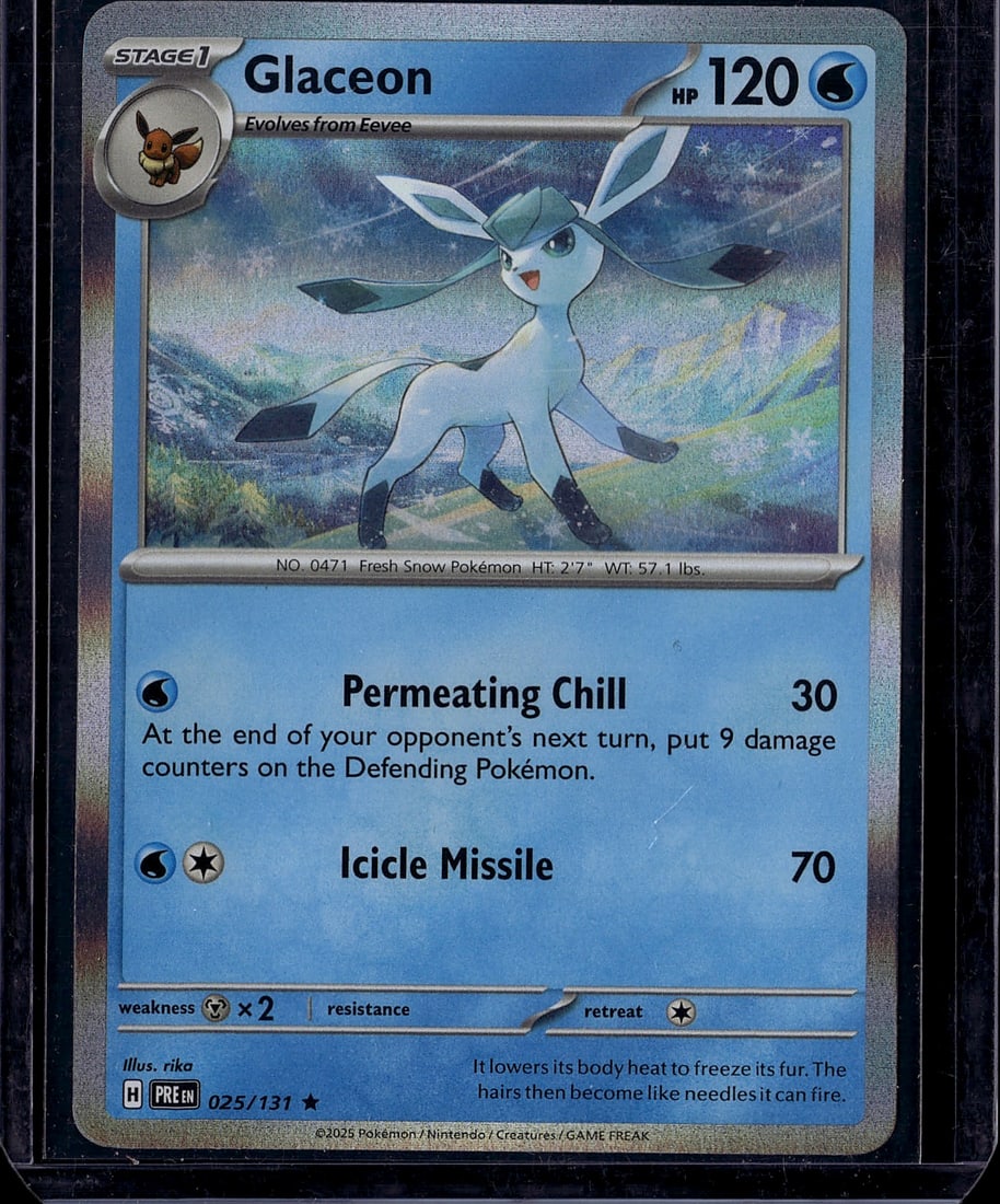 Glaceon 025/131 Pokemon Card Scarlet & Violet: This is a raw Glaceon Pokemon trading card from the Scarlet & Violet set, card number 025/131. Glaceon is a Stage 1 Water-type Pokemon that evolves from Eevee, featuring 120 HP. The card showcases