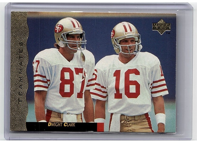 1995 Upper Deck Joe Montana Box Set #45 Football: This vintage football card lot features two raw sports singles showcasing players in classic red and white striped jerseys with matching striped socks. The cards display card numbers 91 and 18, captur