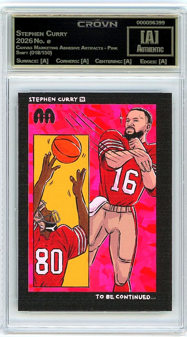 2026 Stephen Curry Canvas Marketing Adhesive: This is a 2026 Stephen Curry card from the Canvas Marketing Adhesive Artifacts - Pink Shift set, card number . The card has been professionally graded and encased in a protective slab by Crown, a