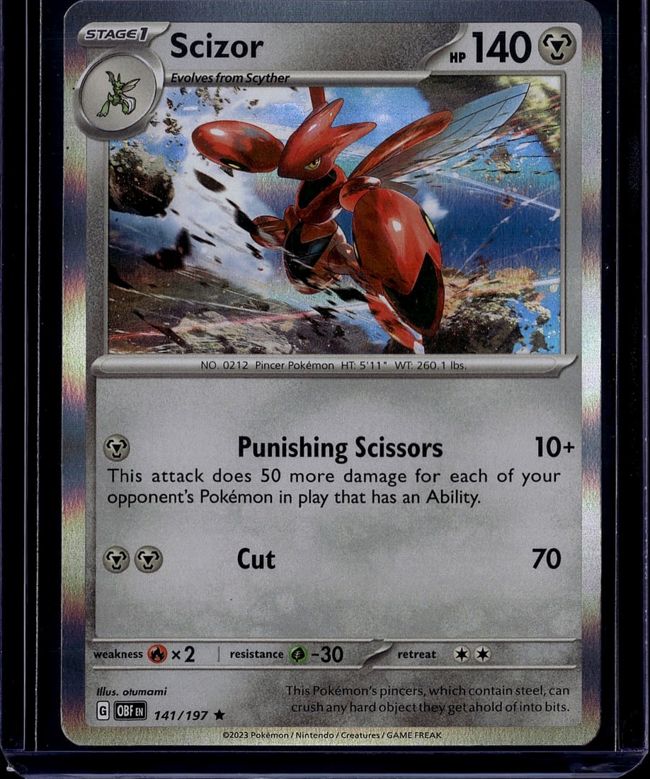 2023 Pokemon TCG Obsidian Flames Scizor 141/197: This is a 2023 Pokemon Trading Card Game Obsidian Flames set Scizor card (141/197). Scizor is a Stage 1 Pincer Pokemon that evolves from Scyther, featuring 140 HP and a Metal-type classification. The