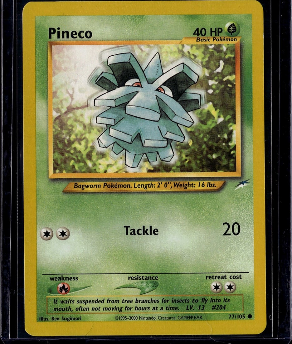 Pineco 77/105 Neo Genesis Pokemon Card Raw: This is an authentic Pineco Pokemon card from the Neo Genesis set (2000), card #77/105. A Grass-type Basic Pokemon with 40 HP, this vintage single features the classic Ken Sugimori illustration of the