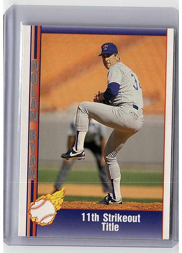 1991 Pacific Texas Express Nolan Ryan #72 11th: This is a raw single baseball card from the 1991 Pacific Texas Express set featuring Nolan Ryan's 11th Strikeout Title milestone achievement. The card showcases a dynamic action photo of the pitcher i