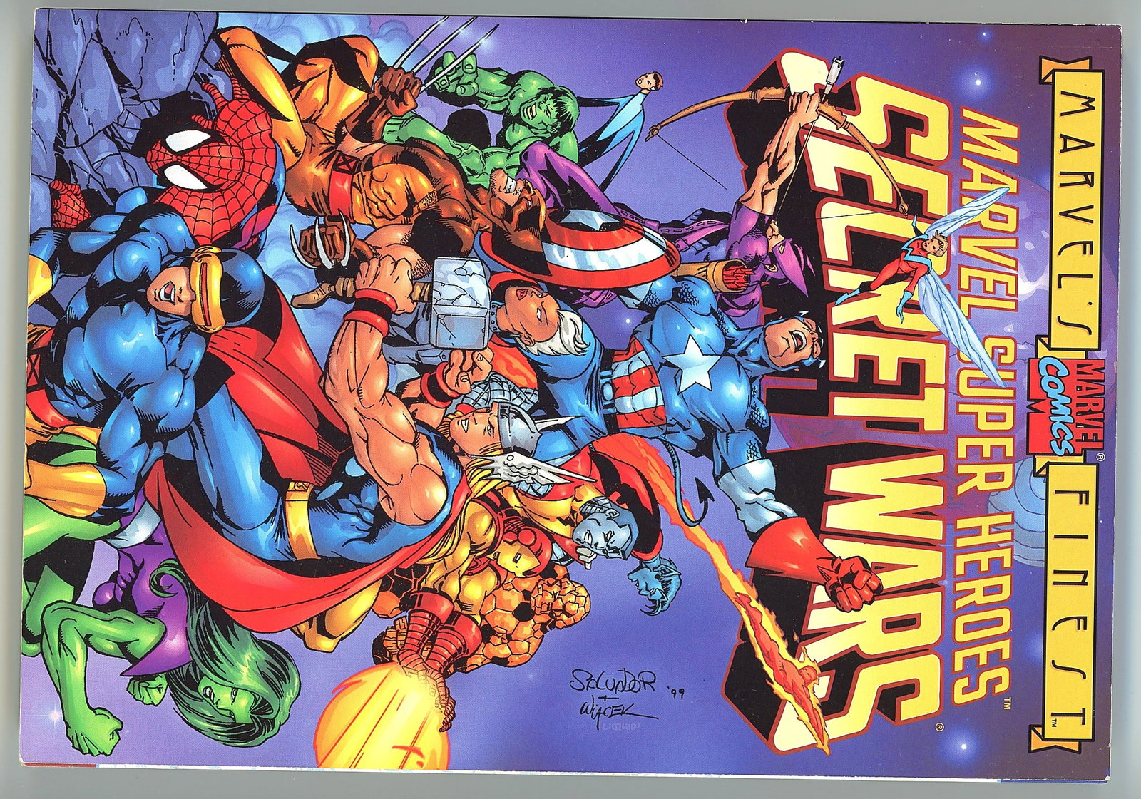 Marvel Super Heroes 1999 Marvel's Finest Secret: This is a 1999 Marvel Comics publication titled 'Marvel Super Heroes Secret Wars,' part of the Marvel's Finest imprint. The cover artwork, signed by Salvador and Wiacek ('99), features a dynamic group