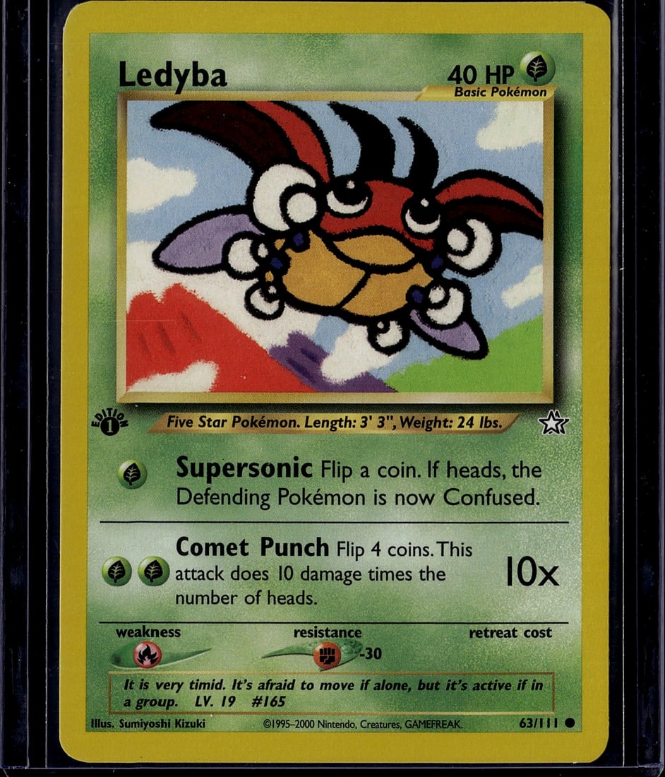 2000 Wizards of the Coast Neo Genesis Ledyba: Ledyba is a Common Basic Grass-type Pokemon card from the Neo Genesis expansion, card #63/111 out of 111. Neo Genesis was the 8th Pokemon TCG expansion, produced by Wizards of the Coast, and is