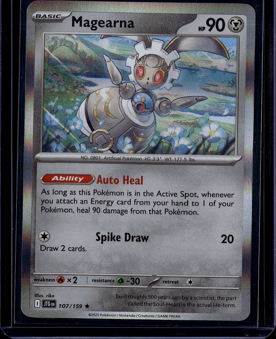 2025 Pokemon Journey Together Magearna 107/159: This is a 2025 Pokemon Trading Card Game Basic Magearna card from the JTG11 set, card number 107/159. Magearna is an Artificial Pokemon with 90 HP and a Metal-type designation. The card features vibra